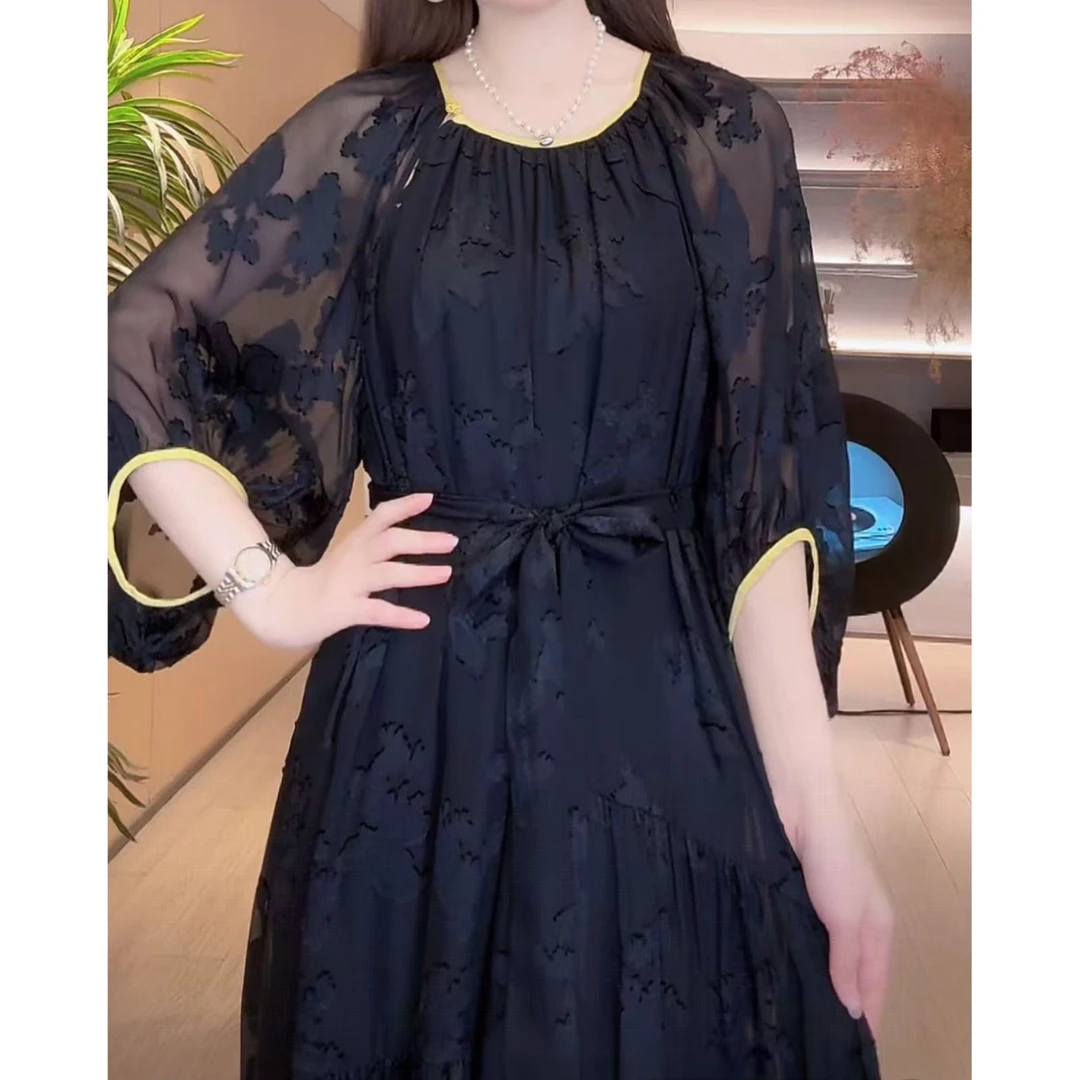 【深圳米熙儿】100%桑蚕丝烧花款式显瘦连衣裙1206