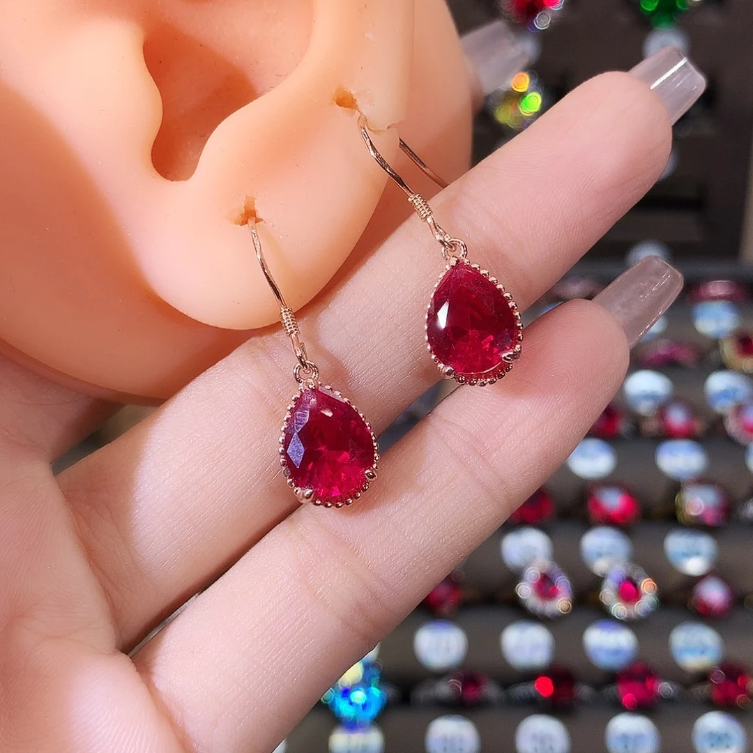 银S925镶嵌耳饰红宝石玫瑰金