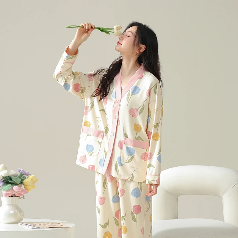 【三枪家居服】开襟长袖长裤女家居套 Q80192D1-A