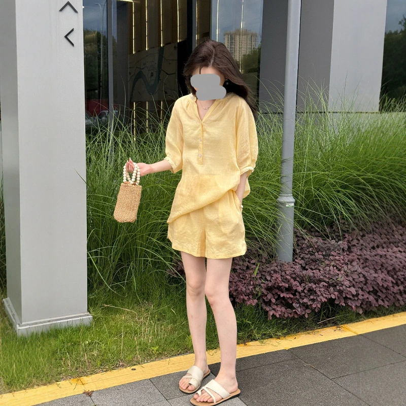 设计休闲松弛纯感宽松烫钻衬衫上衣女百搭小众A字短裤慵懒风套装