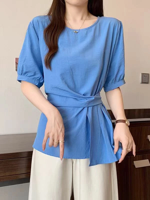 5836夏季减龄短袖衬衫百搭遮肉绑带收腰上衣气质女