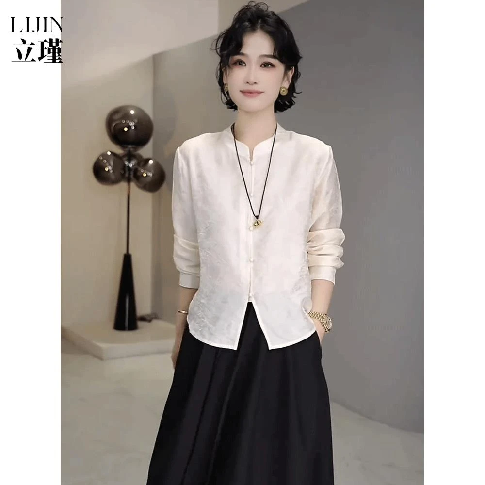 新中式国风衬衫女2025秋季新款复古气质缎面提花长袖打底衫上衣潮
