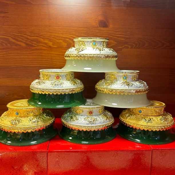 西藏古法仿玉碗合金吉祥双色装供家用供奉摆件透明供水藏式民族风