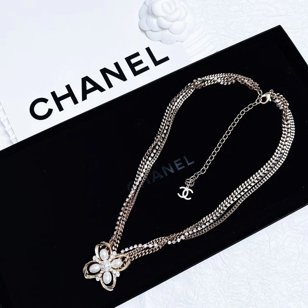 95新 Chanel/香奈儿 柚礼中古/十字珍珠莱茵石多层项链CG501037