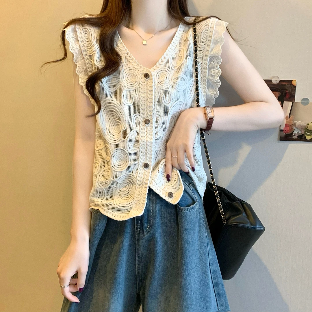 复古刺绣钩花V领马甲背心开衫女2025夏季时尚蕾丝设计感小众上衣