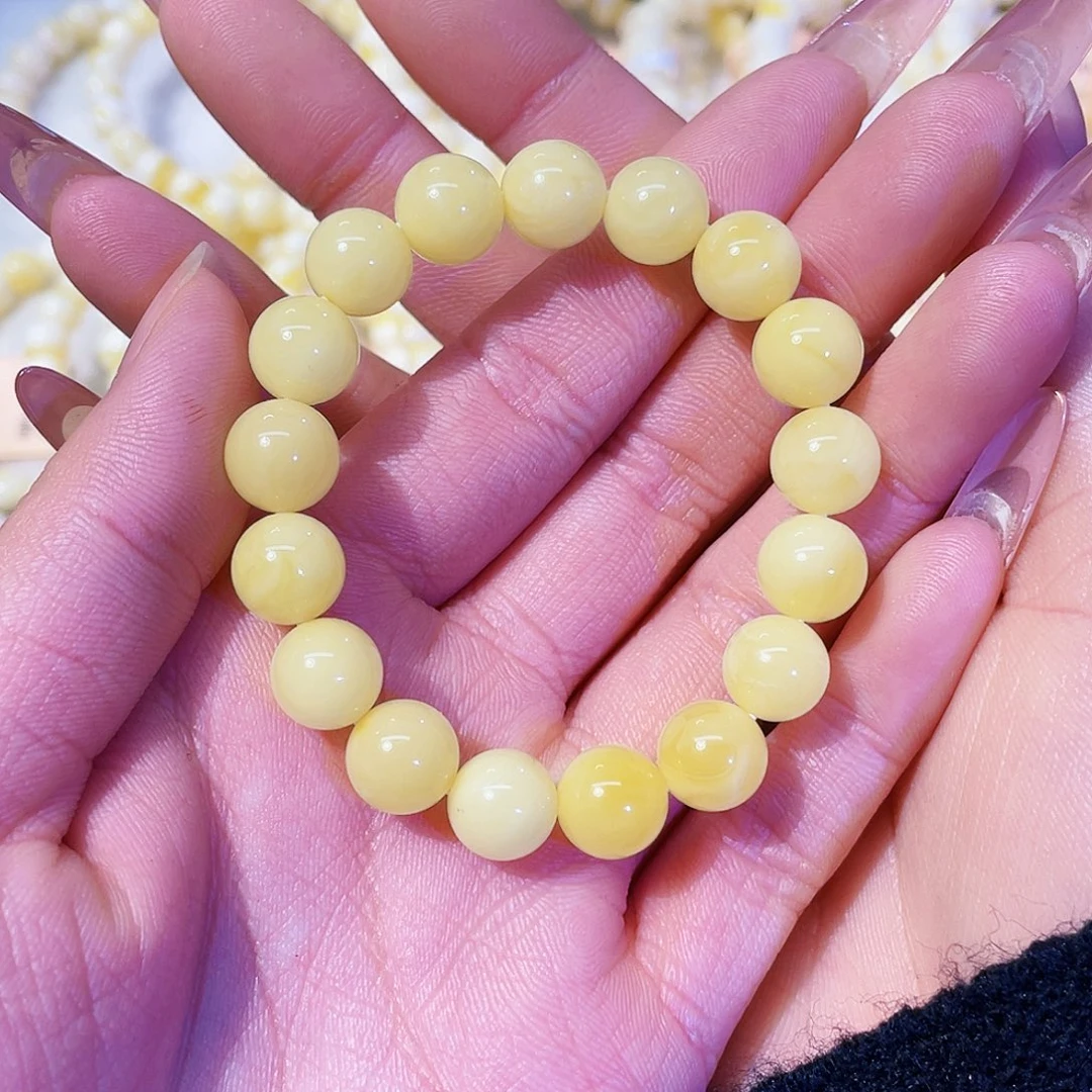 琥珀未镶嵌手链10mm 阿尔卑斯奶豆 适合女生 16手围