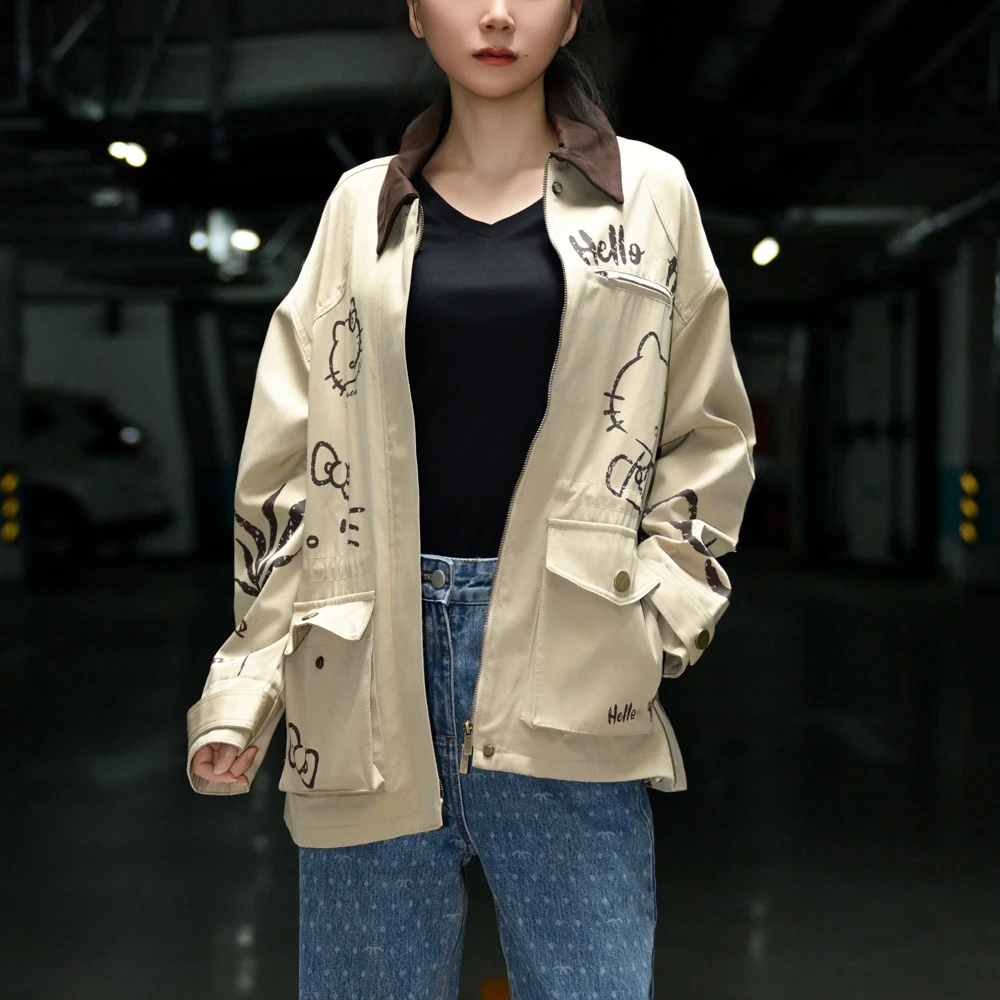 琥珀流光法式优雅kitty猫印花山系游牧风多巴胺穿搭千金风外套