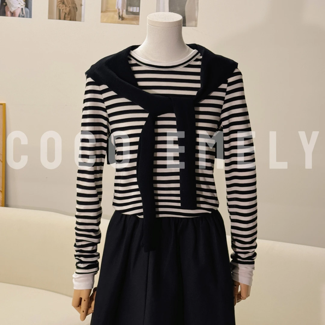 COCO EMELY 25年春季新款时尚百搭条纹长袖T恤配披肩CO07211373