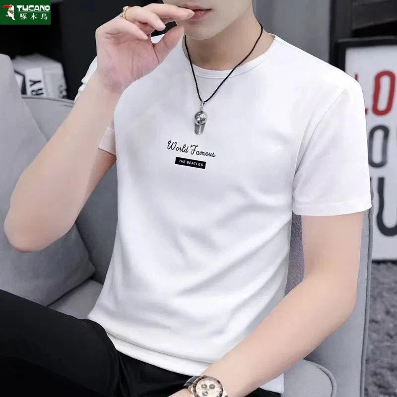 啄木鸟夏季2025新款男女潮流休闲韩版纯棉圆领印花男士短袖T恤衫