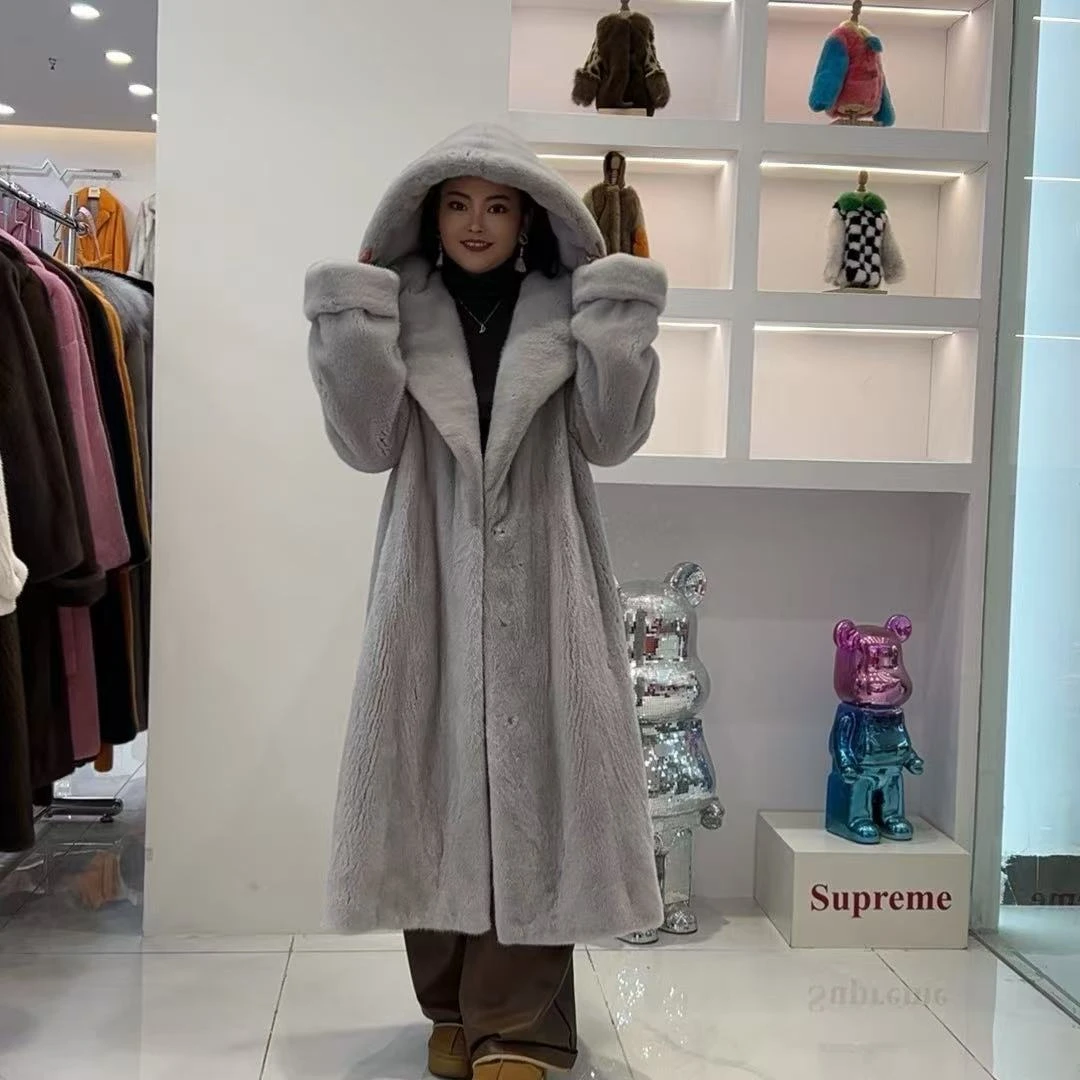 （ECKE)进口水貂貂皮大衣时尚休闲长款连帽慵懒风皮草外套女