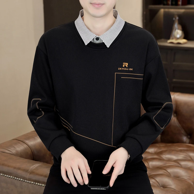 卫衣男2025新款春秋百搭长袖T恤青年初中学生衬衫领假两件打底衫