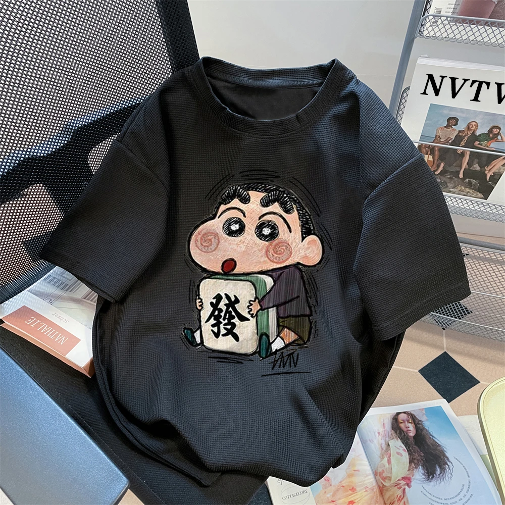 短袖男装t恤华夫格夏季2025年新款动小新潮牌学生宽松百搭体恤