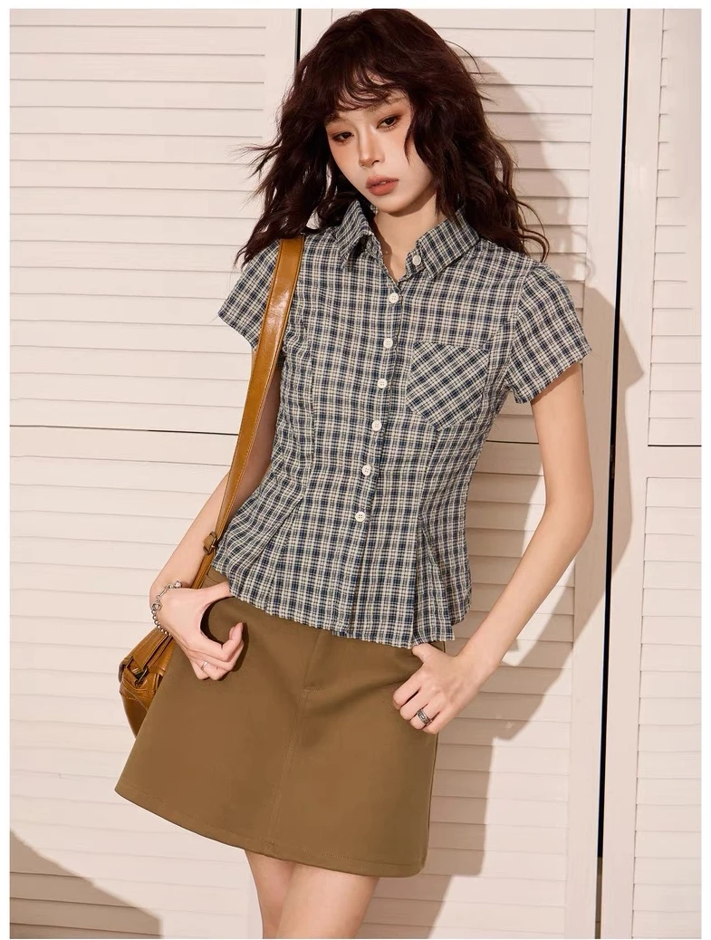 美式辣妹蓝色格子正肩短袖衬衫女夏季修身收腰学院风别致衬衣上衣