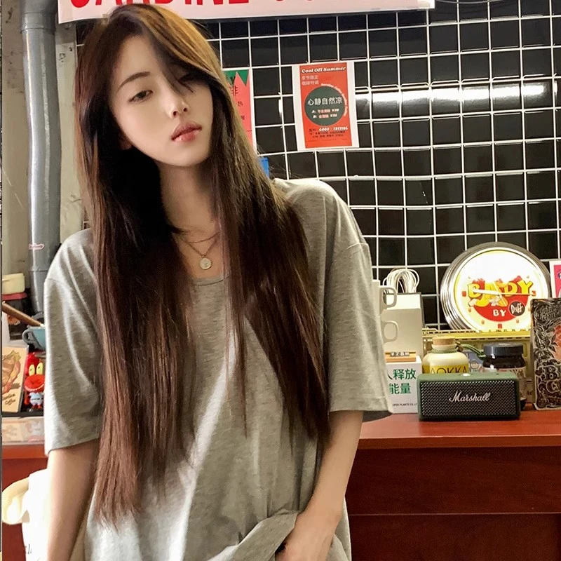 慵懒风简约U领折袖短袖T恤女夏季小个子休闲宽松百搭显瘦半袖上衣