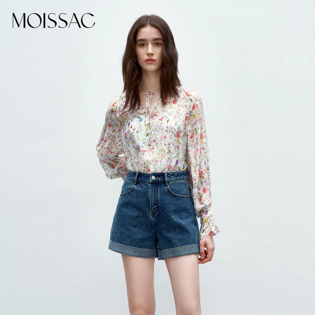 【KK专属】MOISSAC/摩萨克秋浪漫碎花V领雪纺小衫上衣MWDQ80101