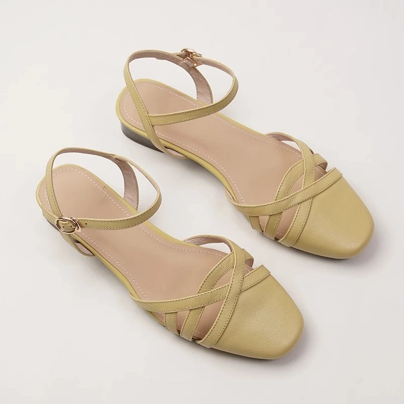 真皮断码清仓编织包头凉鞋女2025夏季新款外穿中跟软底罗马鞋粗跟