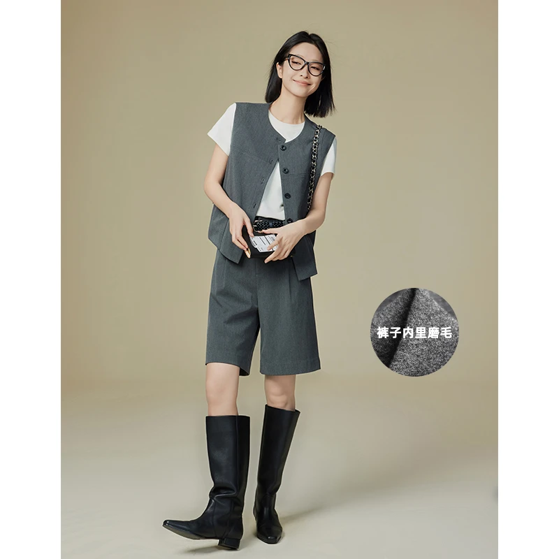 A美洋MEIYANG 岩灰套装 细斜纹仿羊毛圆领马甲/磨毛五分裤两件套R