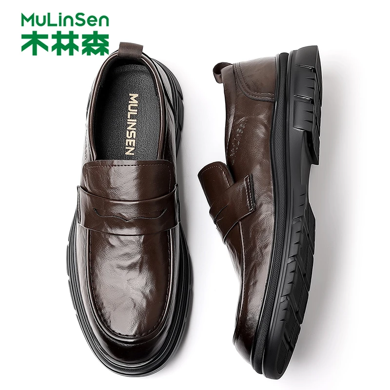 木林森男鞋男士英伦风懒人棕色时尚高档休闲皮鞋男款商务乐福正装
