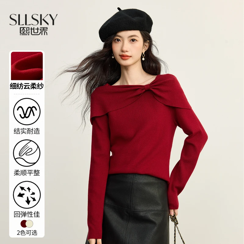 1B3LW036熙世界蝴蝶结船领针织衫秋冬新款气质氛围感毛衣