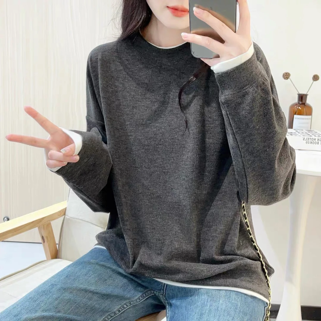 假两件拼接卫衣女秋冬季层次感叠穿圆领时髦宽松休闲薄绒加厚上衣