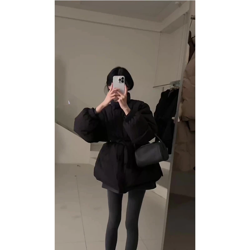 韩系复古短款黑色羽绒棉服女冬季独特超好看收腰加厚面包服外套潮