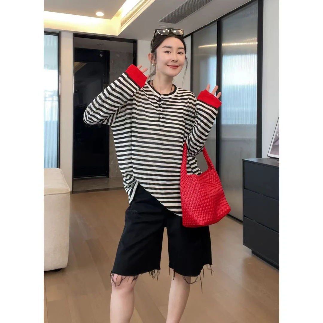 玖了个玖 2025夏款 极简百搭开扣撞色袖口休闲针织衫 2505C2357