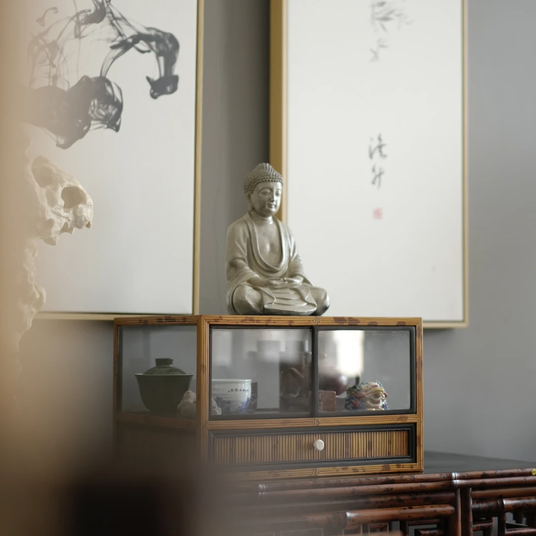 湘妃竹玻璃柜茶具储物柜防尘展示柜中式茶具收纳柜