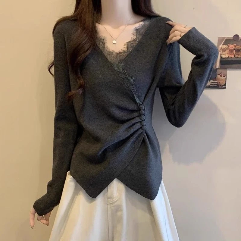 HTKD大码德绒设计感蕾丝拼接V领长袖T恤女秋冬季新款不规则交叉打