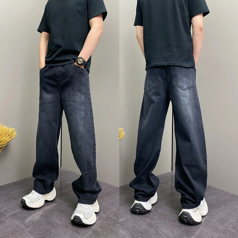 2025秋季新款男款美式潮流宽松阔腿潮流拼接牛仔裤休闲痞帅弯刀裤