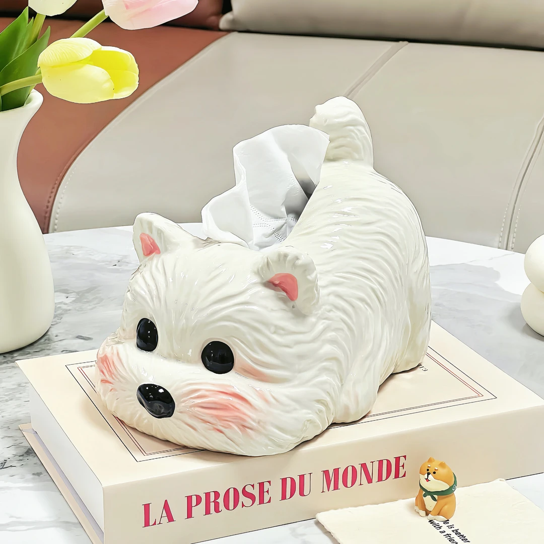 可爱小狗纸巾盒家用客厅西高地陶瓷抽纸盒高颜值餐巾纸盒装饰摆件