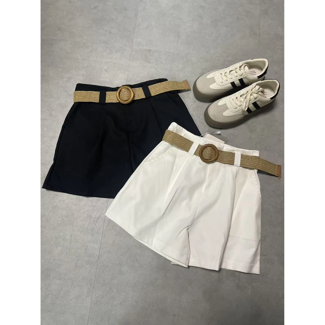 W3643  王仙女 夏季新款女装百搭纯色配腰带短款休闲裤短裤