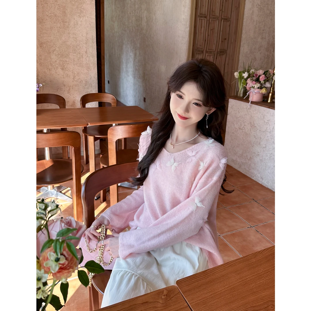 SE【粉漾】毛针织衫女春季温柔风甜美v领立体蝴蝶软糯V领毛针织衫