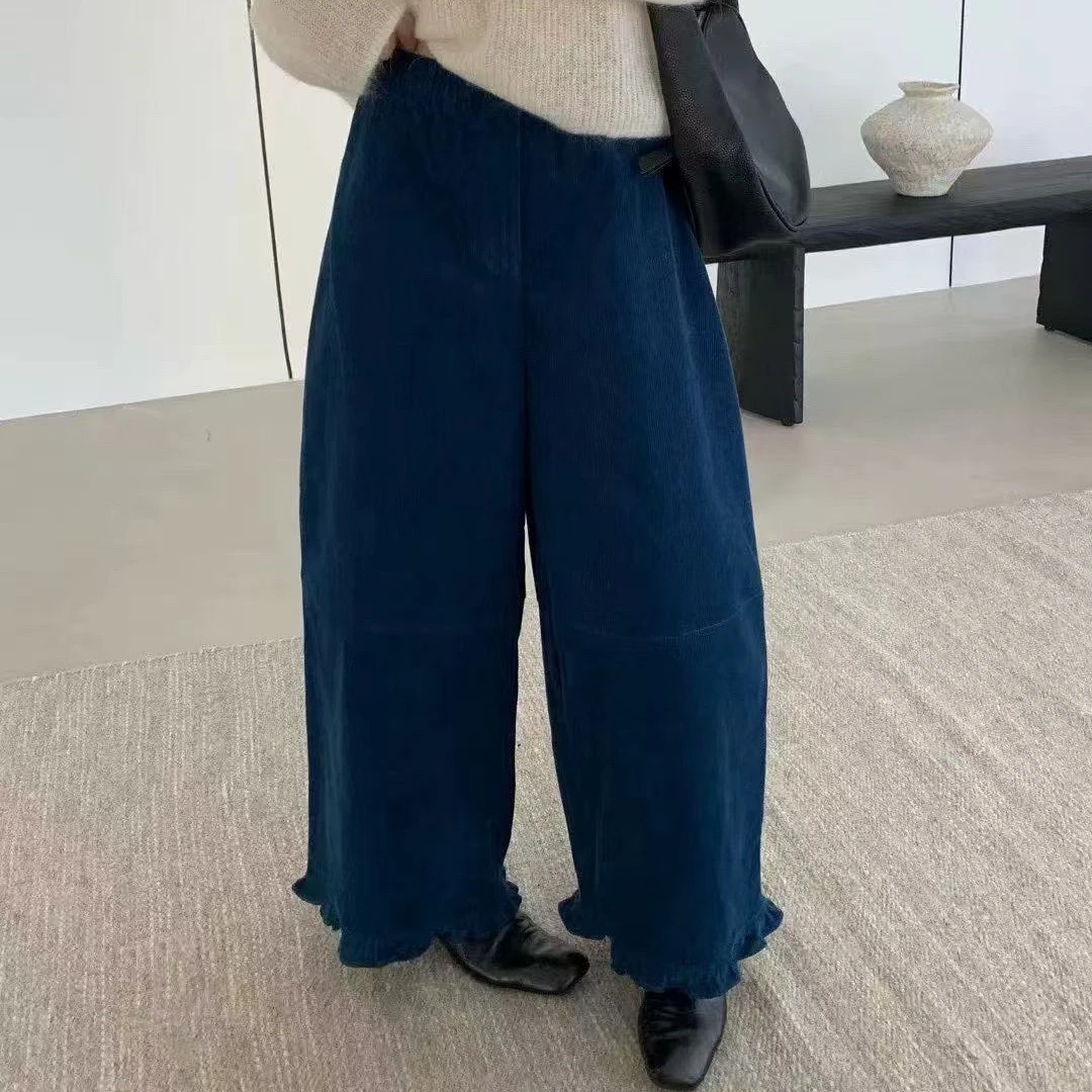 8916韩系全松紧高腰纯色灯芯绒显瘦遮胯气球裤弯刀裤