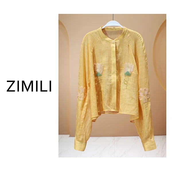 【亮哥女装】2025欧版《亚麻》杏黄色刺绣串珠印花气质衬衫8015-Z6