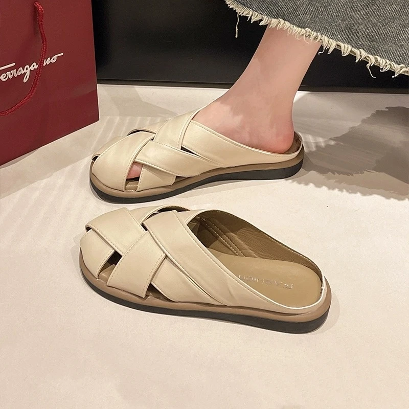 梦孜百丽平底包头半拖鞋女2025年夏季新款外穿一脚蹬休闲软底鞋拖