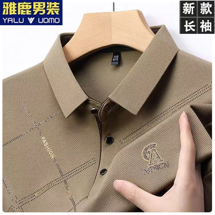 雅鹿男装长袖T恤春秋新款时尚镭射印花工艺翻领上衣吸湿排汗长袖T