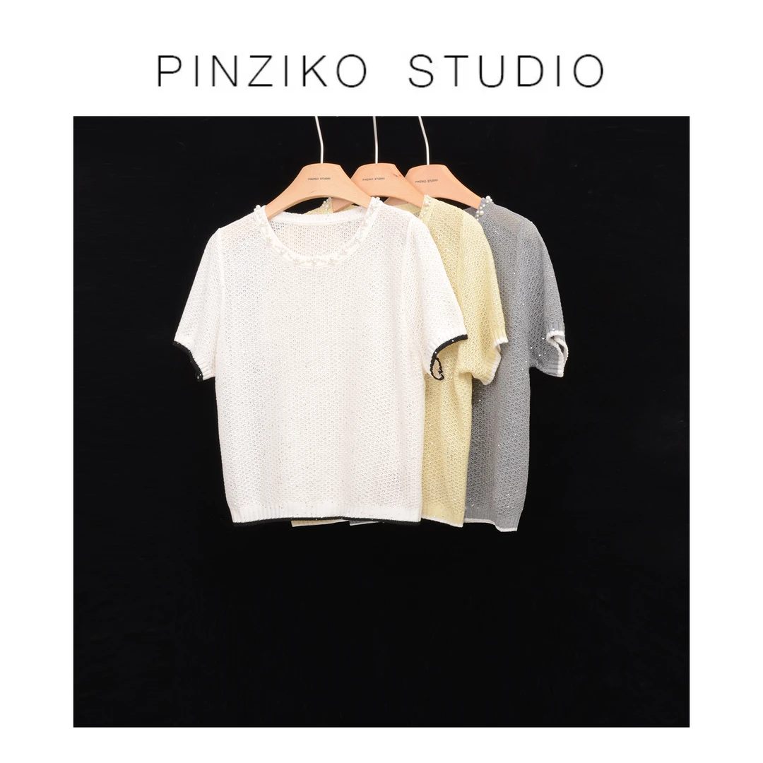 pinziko星砂~天丝亚麻领口钉珠针织T恤显瘦百搭薄款上衣TJF135