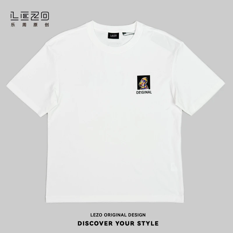 LEZO乐周原创2025新款夏季男刺绣休闲短袖圆领T恤 925201656白色
