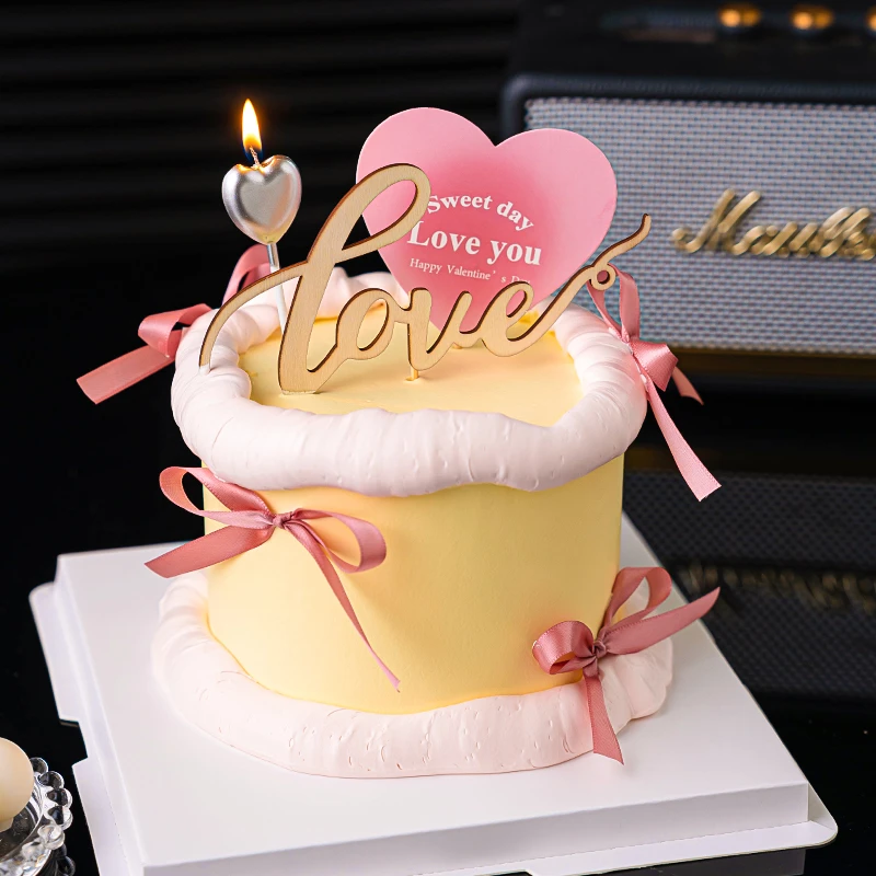 七夕情人节简约木质love蛋糕装饰插件love you情侣告白爱心插牌