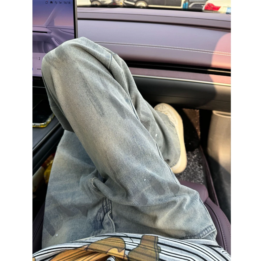 美式复古水洗泼墨扎染牛仔裤男款春夏秋宽松直筒设计感小众阔腿裤