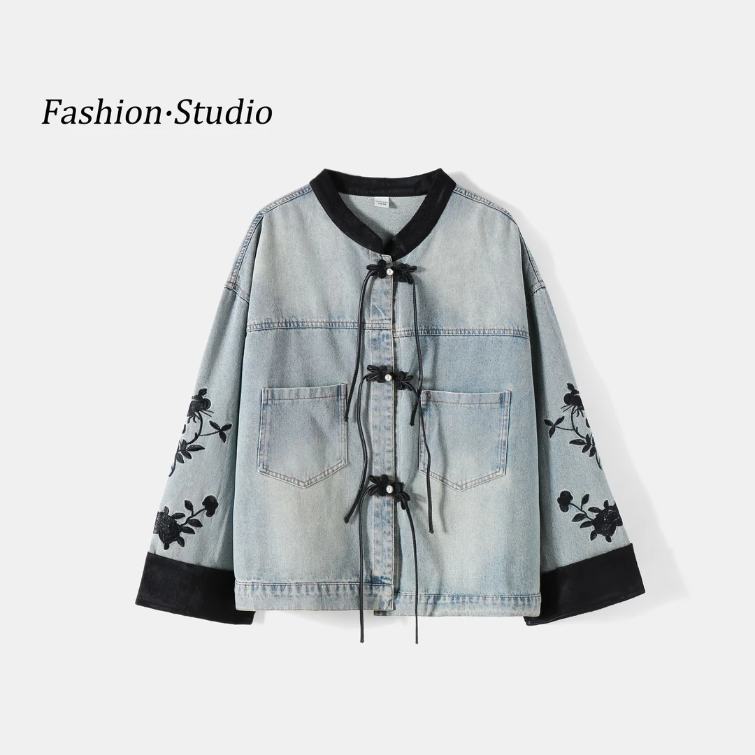 女童2025春季新款宽松中式复古中国风时尚印花上衣牛仔外套