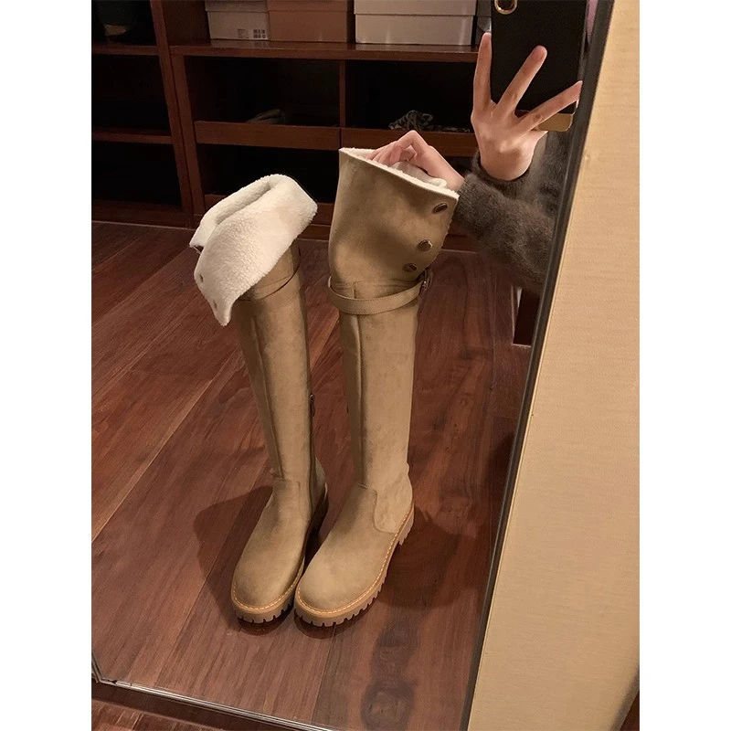 WANSSENY羊羔毛过膝长筒靴2025新款秋冬平底靴子加厚绒保暖雪地靴
