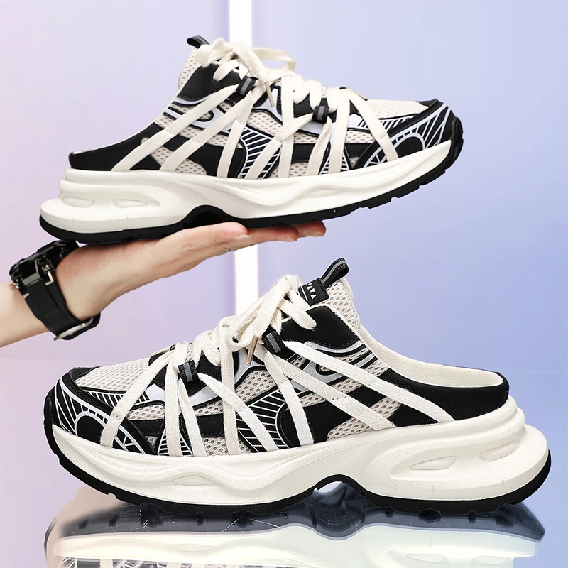 包头半拖鞋男士厚底增高无后跟老爹鞋夏季薄款休闲一脚蹬包头拖鞋