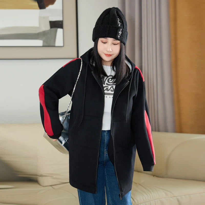 特大码女装胖mm秋冬宽松遮肚子显瘦休闲加绒加厚保暖连帽开衫外套