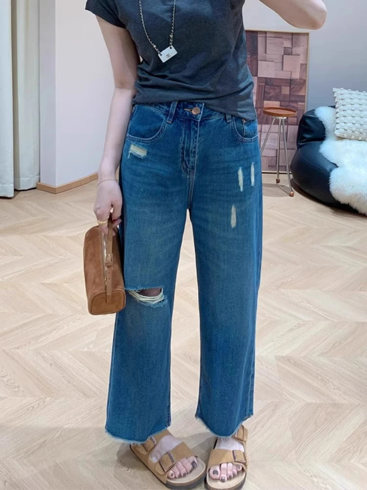 蓝色破洞直筒牛仔裤女2025夏季新款大码胖mm高腰显瘦九分阔腿裤子