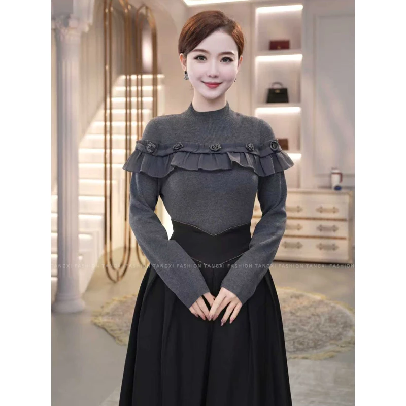 2026秋冬新款【8387】含绵羊毛别致小众拼接设计感灰色针织衫毛衣