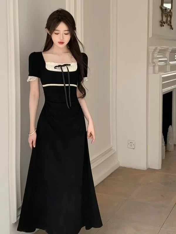 修身收腰显瘦褶皱法式连衣群气质A字裙长裙子