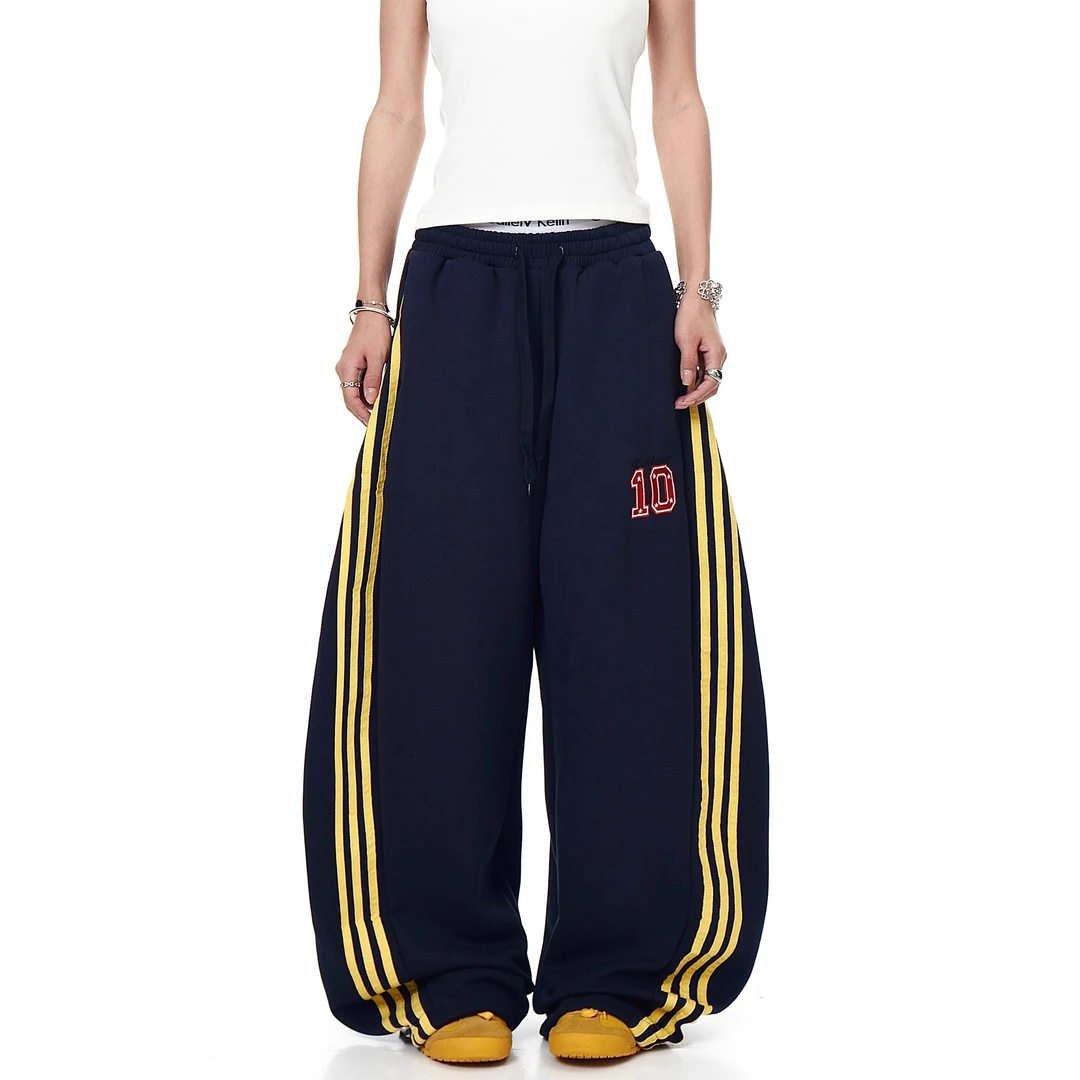 美式复古撞色条纹运动弯刀卫裤男女嘻哈街舞宽松阔腿裤