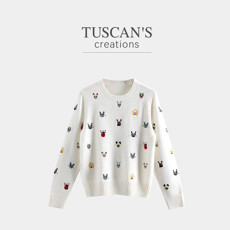 TUSCAN'S CREATIONS刺绣针织时尚宽松套头圆领针织衫双鱼女装