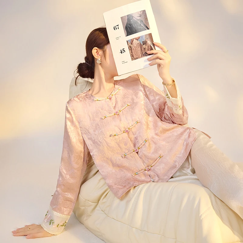 新中式国风新款缎面刺绣粉色醋酸薄外套气质感小众设计上衣 M4024